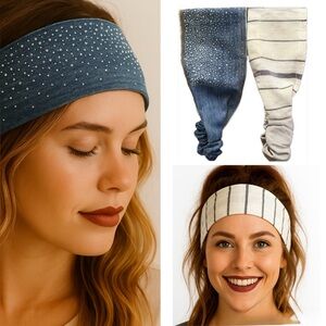 2-Pack Sparkle Boho Chic Cotton Headbands – Denim Rhinestone & Striped Hairbands